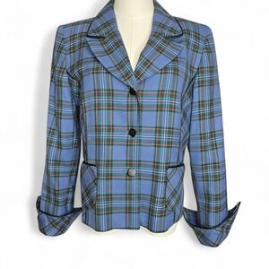 Pendleton Vintage Blue Plaid Wool Cropped‎ Blazer Jacket Size 10